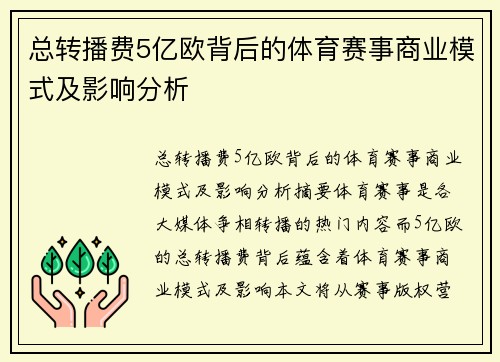 总转播费5亿欧背后的体育赛事商业模式及影响分析